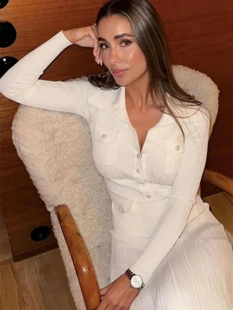 Elegante malha com nervuras vestido longo feminino fino lapela botão bolsos vestidos de manga cheia outono senhora estiramento plissado roupões novo