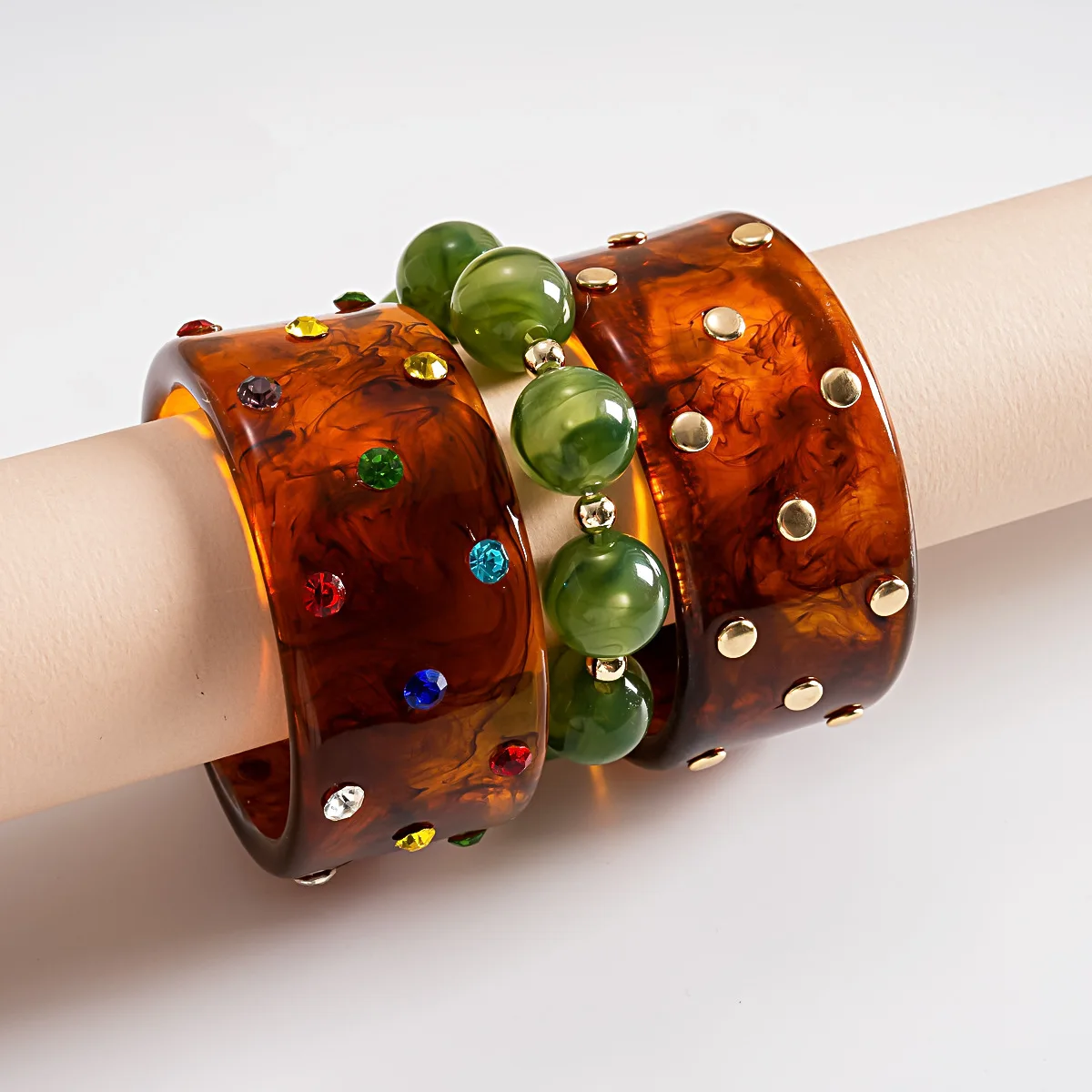 Translucent Resin Smudging Bangles Women Men Inlaid Colorful Rhinestones Rivet Wide Bangle Retro Stretchy Bracelets Jewelry K