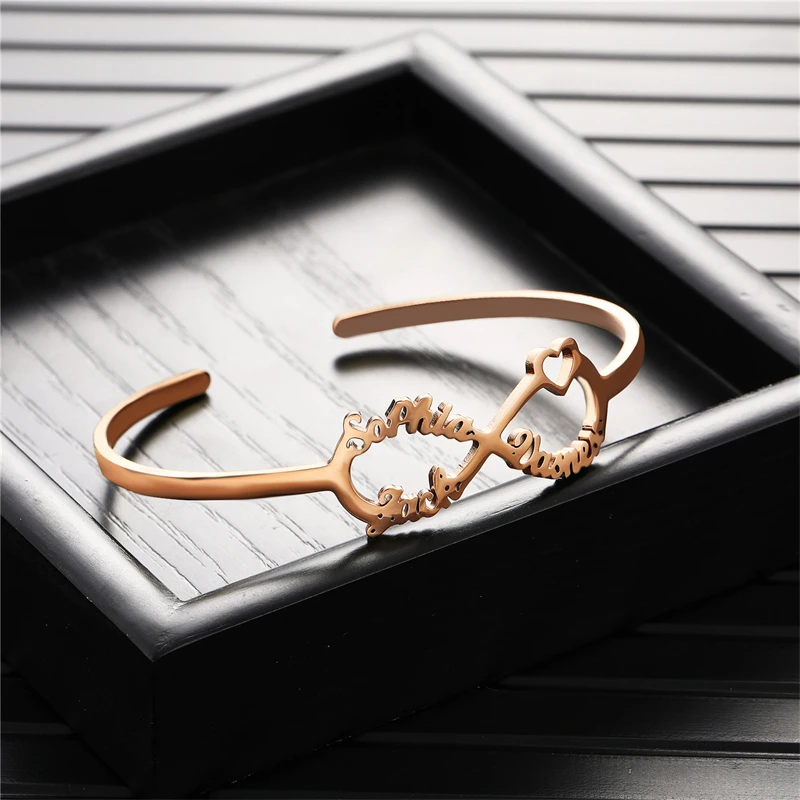 Personalized Name Family Bracelets Rose Gold Color Stainless Shaped Infinity Cuff Bangles For Women Romantic Anniversary Gift