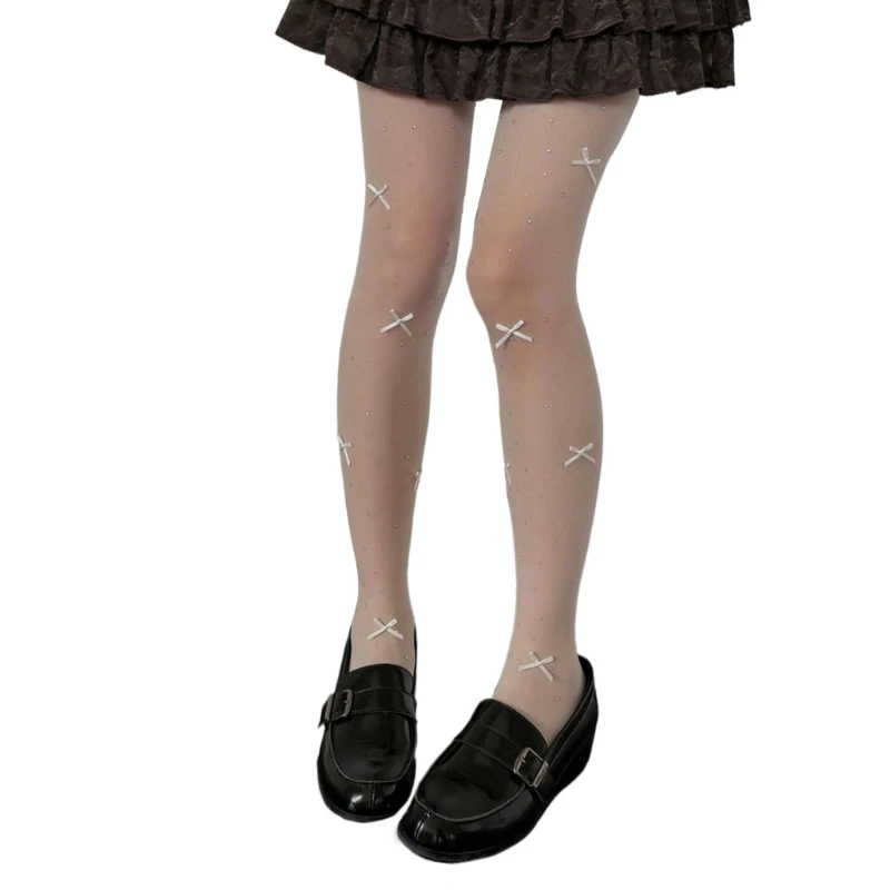 Женские прозрачные тонкие колготки 90-х годов, эстетические сверкающие стразы, милые сексуальные прозрачные колготки с бантом,