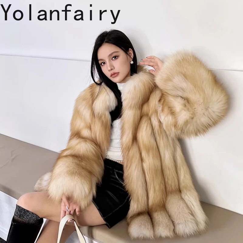 

YOLANFAIRY autumn and winter Imported whole fox fur coat thicken stand collar commuting style long sleeve шуба женская 2025