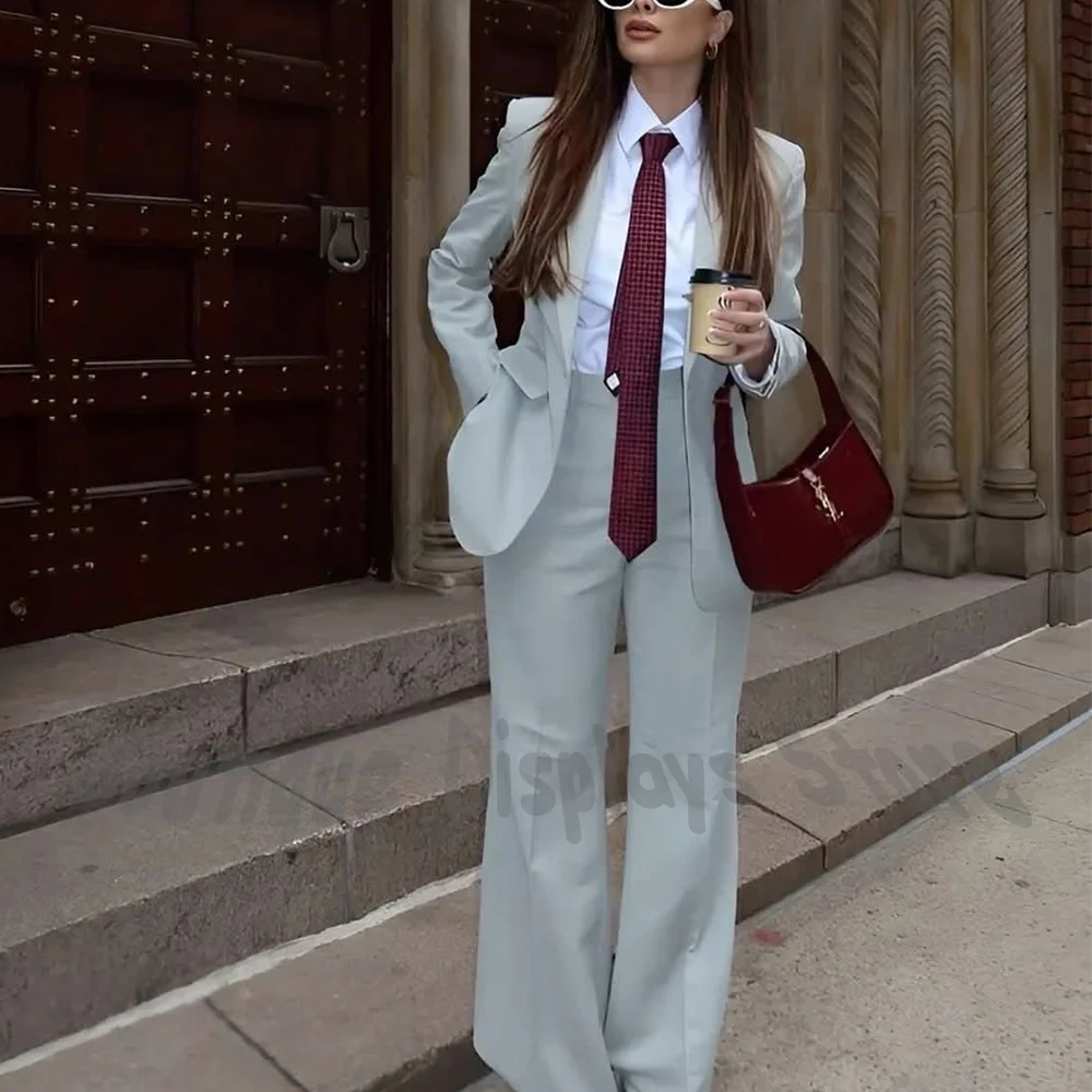 Light Grey Casual Women's Suits Regular Fit Single Breasted High Waist Pants Outfit High Street Club Party Fashion Clothes Set