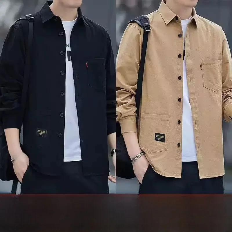 Loose Casual Long Sleeve Men's Shirt Spring Autumn Workwear Resistant to Wear And Dirt Outerwear Coat for Youth Polyester Fiber