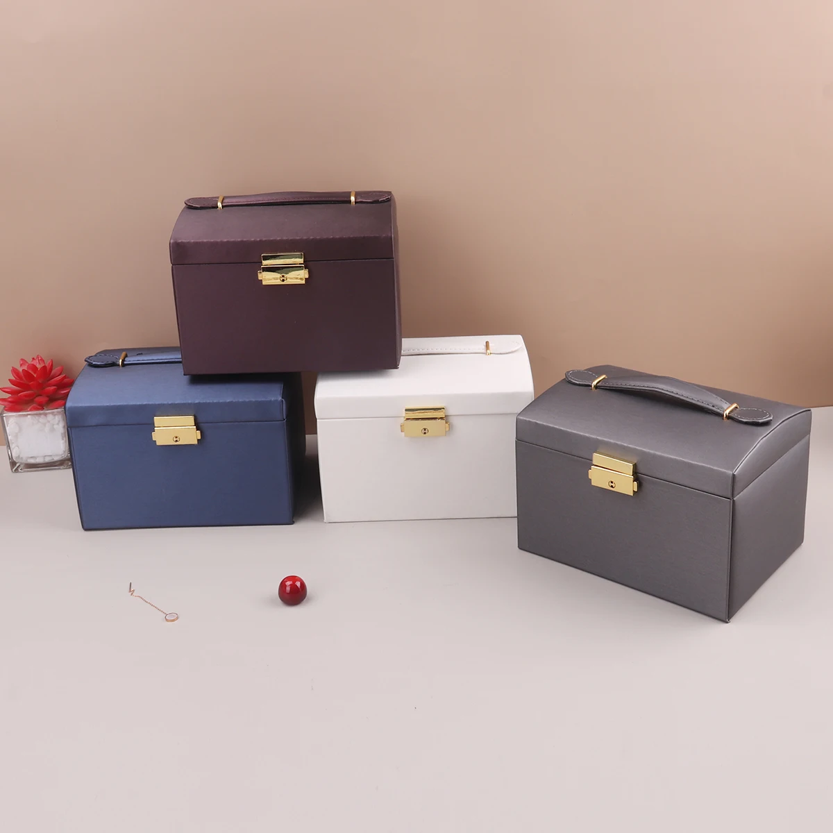 Three-layer Jewelry Box Jewelry Storage Box Hand With Lock Earrings Necklace Ring Storage Box Wooden Home Desktop Storage