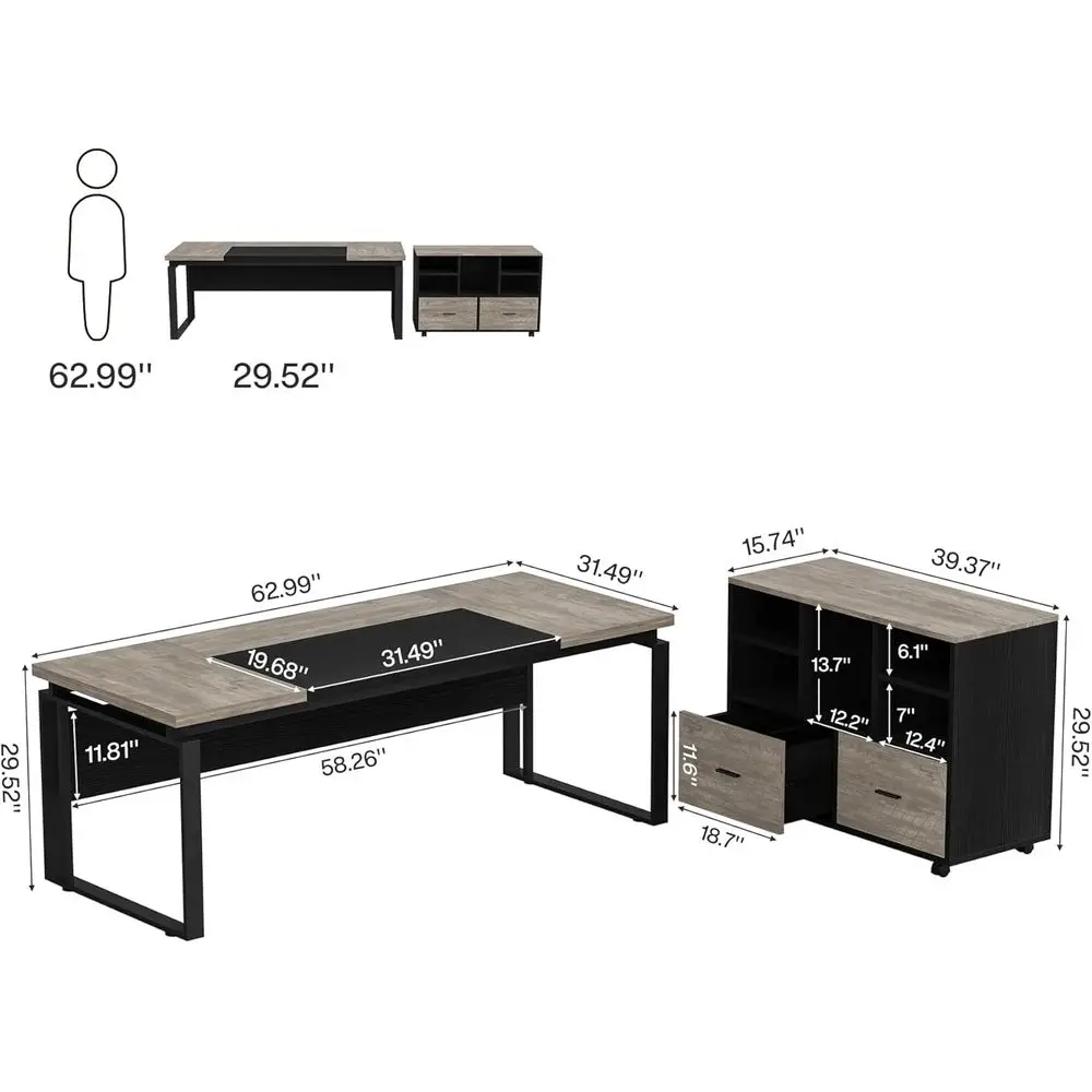 63 L-Shaped Desk with Storage Cabinets, Reversible File Cabinet, and Hanging File Storage (Gray & Black)