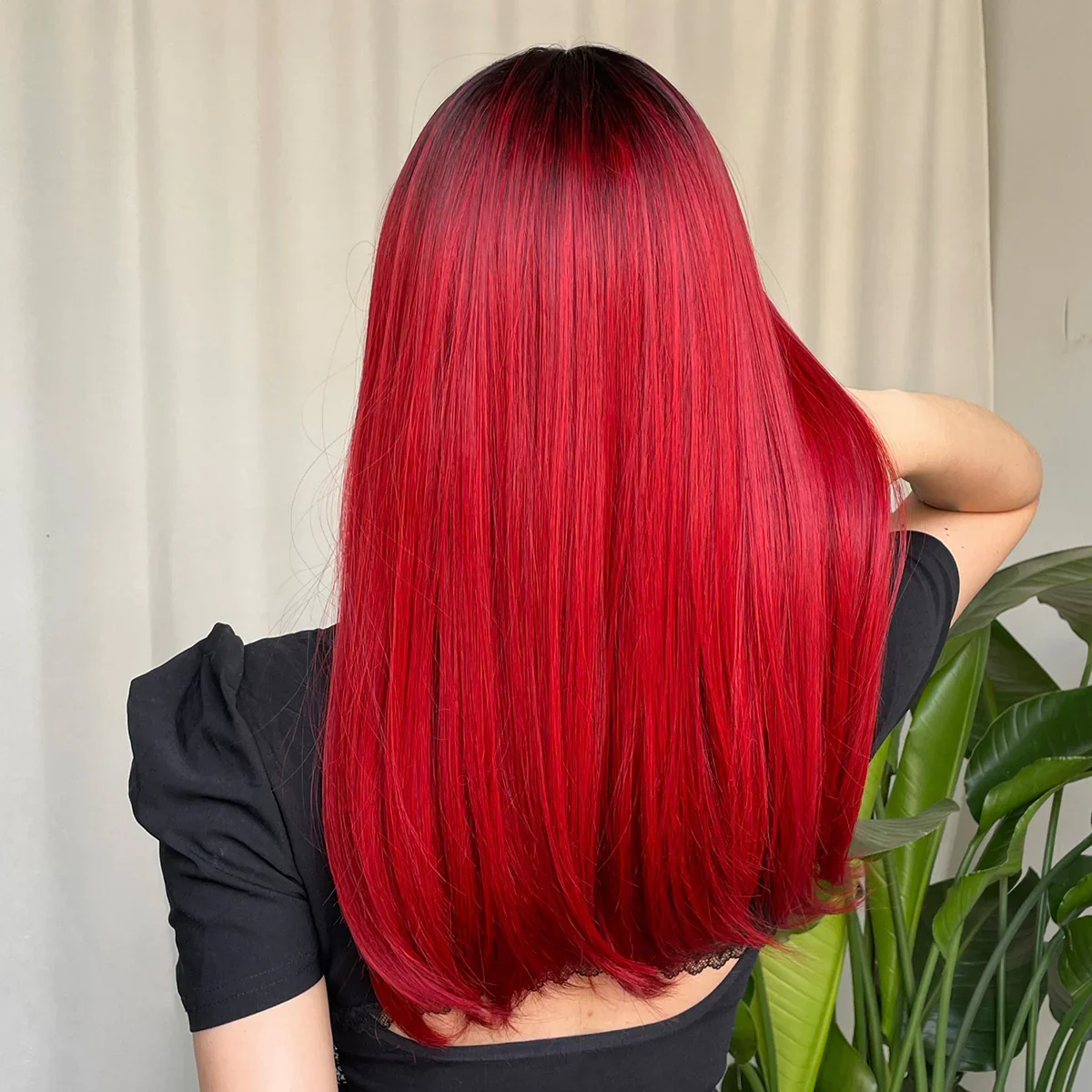 HENRY MARGU Ombre merah Wig sintetis lurus panjang Wig akar gelap dengan poni warna merah rambut pesta harian untuk wanita tahan panas