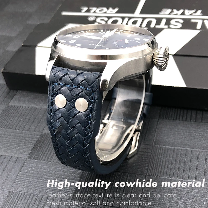 21mm 22mm High Quality Rivets Cowhide Woven Watchband Fit for IWC Big Pilot's Spitfire Watches Genuine Leather Blue Watch Strap