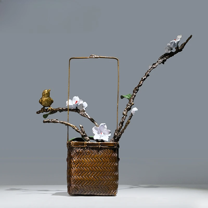 

brass magpie, flower basket ornament, creative new Chinese style, handicraft metal bronze carving, living room decoration
