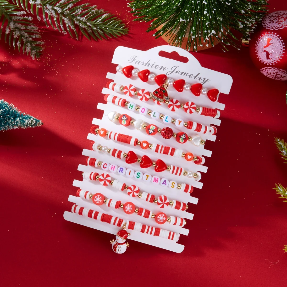 10 Teile/satz Multilayer Weihnachten Armband Schneemann Baum Geschenk Box Schneeflocke Santa Claus Weichen Ton Perlen Armreif Für Frauen Männer Schmuck