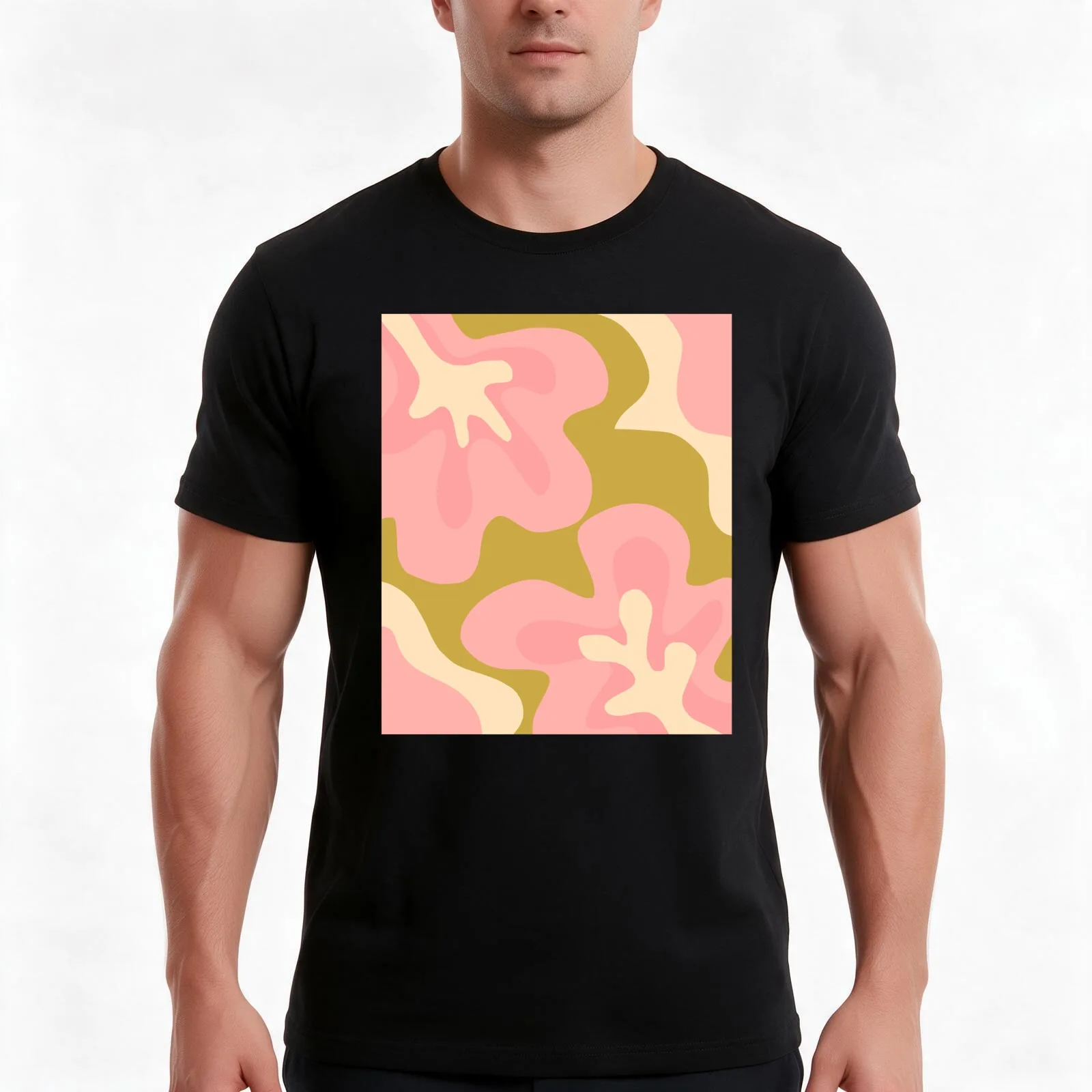 Flower Power Retro Abstract Pattern in Pink and Gold T-Shirt, Summer Casual Cotton Tee, Oversized Streetwear Tops, 100% Cotton