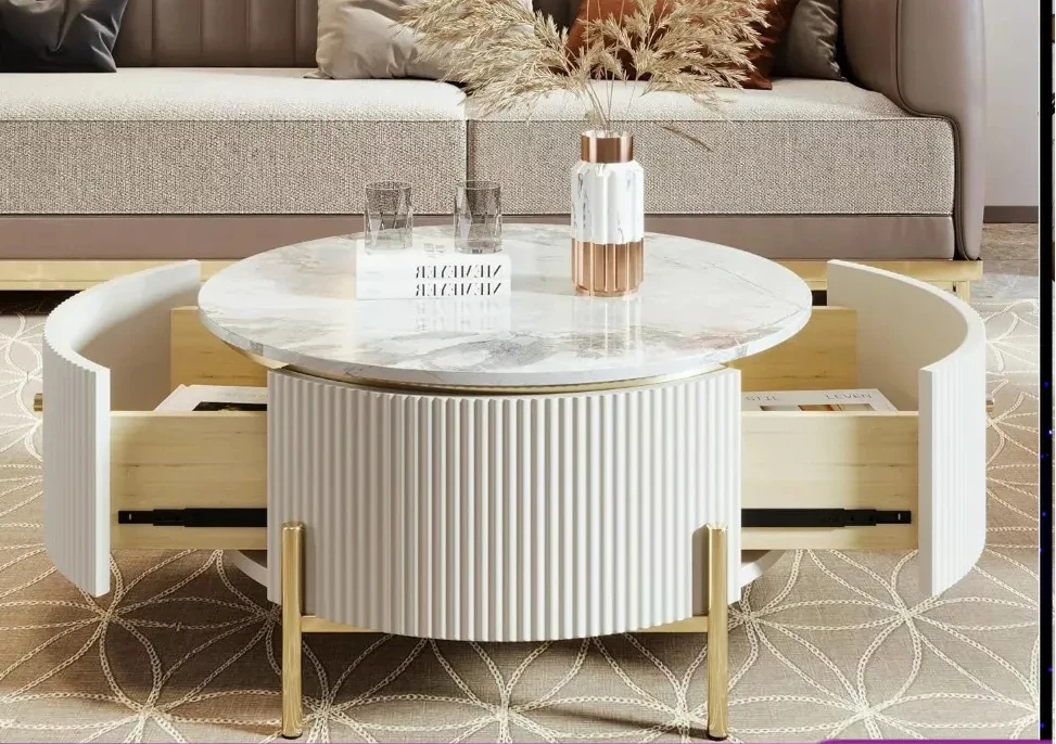 31.5 Modern Round Coffee Table with 2 Large Drawers Storage Accent