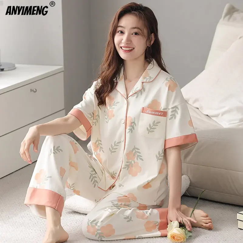 Women\'s Pajamas Sets Summer High Quality Cotton Sleepwear Marbling Lapel Woman Pijama Leisure Homesuit Shawl Collar Lady Pyjama