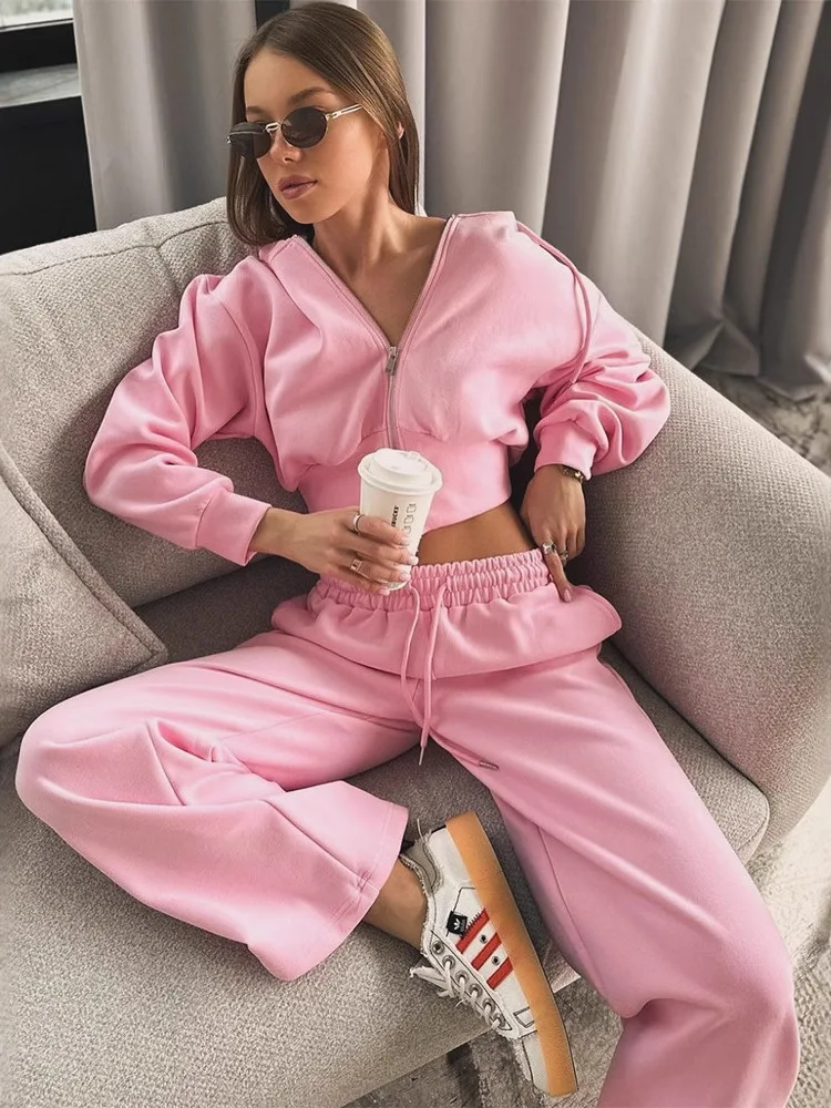 

Women's Long Sve Hooded Zipper Sweatirt Set Casual Sportswear Two-Piece Ensemble Autumn Collection Comfortable Fit