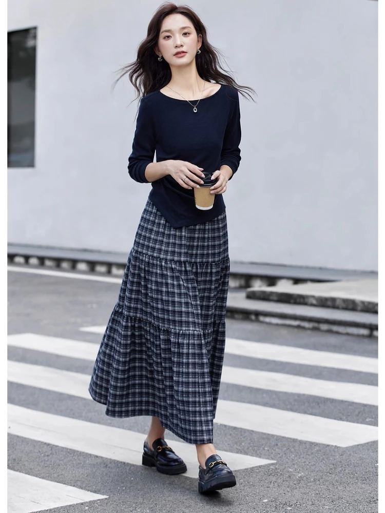

VIMLY Women New Two Piece Skirt Set Autumn 2025 Casual Knitted Slim Slash Neck Tees Plaid Midi Skirts New in Matching Sets A2887