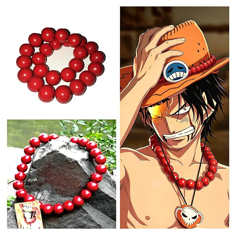 Portgas D Ace Red Wood Bead Elastic Necklace One Piece Anime Cos Prop Halloween Costume Accessories Gift for Manga Anime Lovers