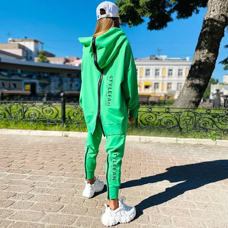 Women\'s Long Zipper Lettering Print Loose Sweater and Trousers Suit Fashion Trend New Can Be Worn before and After 2024