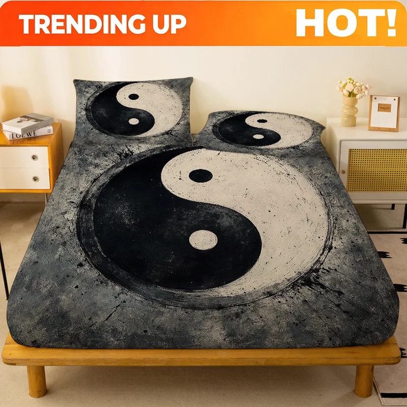 Customize 1pc Tai Chi Diagram Black and White Yin Yang Balance Pattern Fitted Sheet, a Single Deep-pocket Fitted Sheet, No Pillo