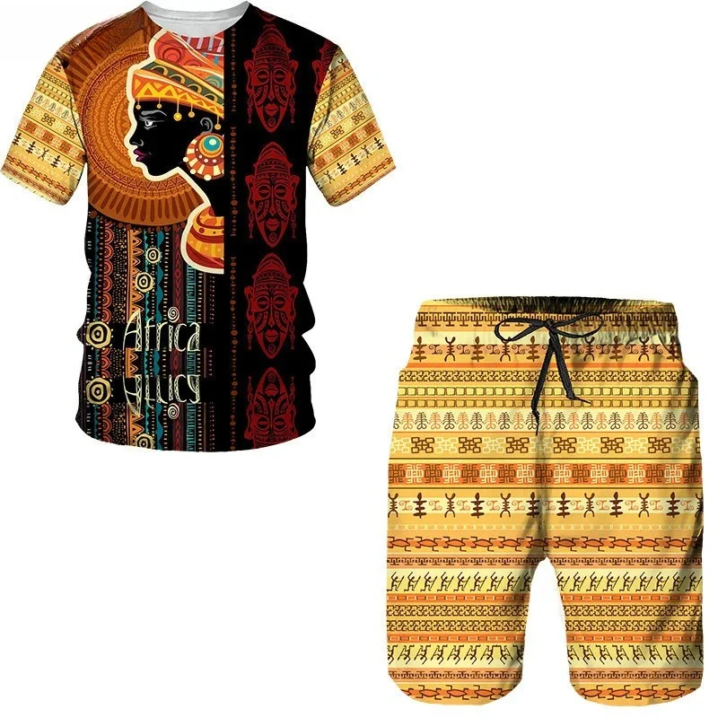 2025 Summer 3D Printed African Folk Pattern Men's T-shirt and Shorts Set 2-piece Set Hip Hop Style Short Sleeve Round Neck