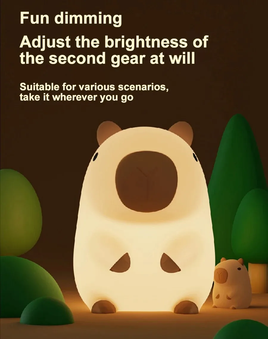 D2 Cute Cartoon Capybara Silicone Novelty Night Light USB Rechargeable Timing Dimming Sleep Night Lamp for Children's Room Decor