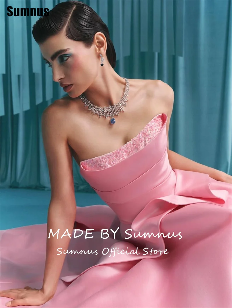 Sumnus فساتين سهرة بسيطة على شكل حرف a من الساتان الوردي بدون حمالات بدون أكمام مطرز بالخرز فساتين رسمية حفل فيستدوس مخصصة