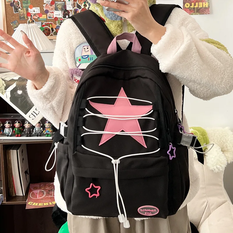 Lightweight nylon fabric student schoolbag with pink star straps, large-capacity creative travel backpack for women