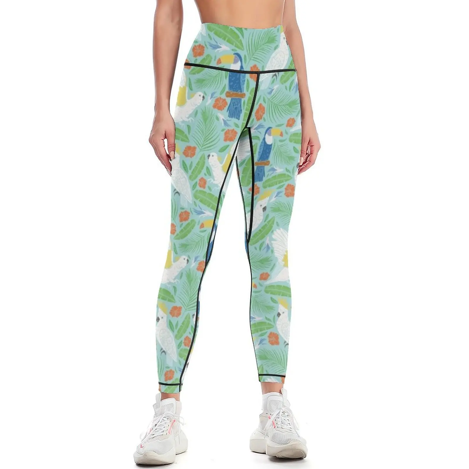 Blue toucan with white cockatoo amoung tropical flowers and leaves Leggings harem pants exercise clothing for Womens Leggings