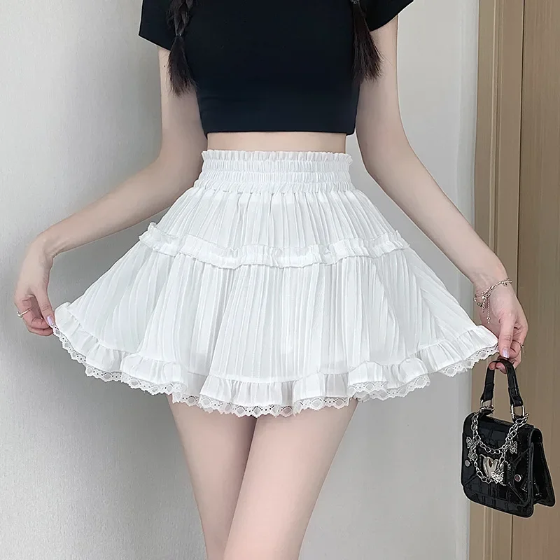 Ballet Style Sweet Lace Cake Skirt for Women 2024 New High Waisted Anti Glare A-line Fluffy Short Skirt