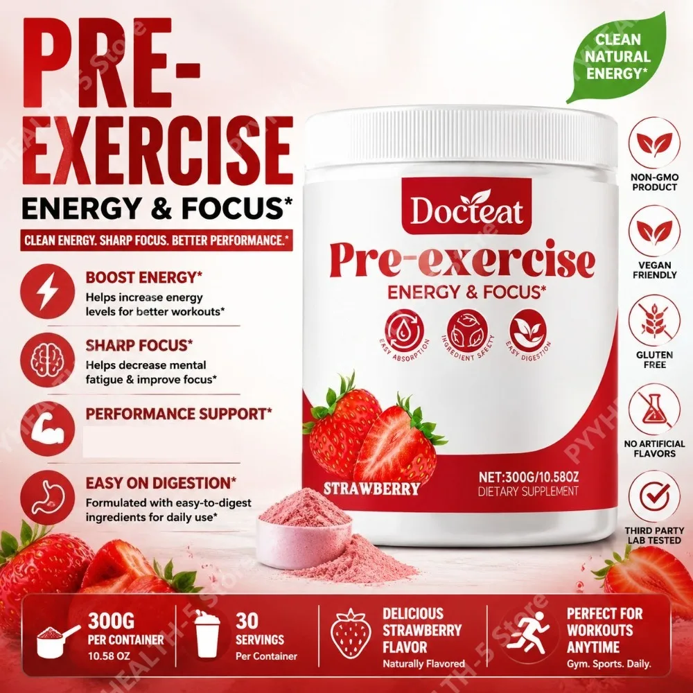 Docteat Polvo Energético Pre-Entrenamiento Sabor Fresa 300g 30 Porciones con L-Citrulina, Beta-Alanina, Extracto de Rhodiola y Focus