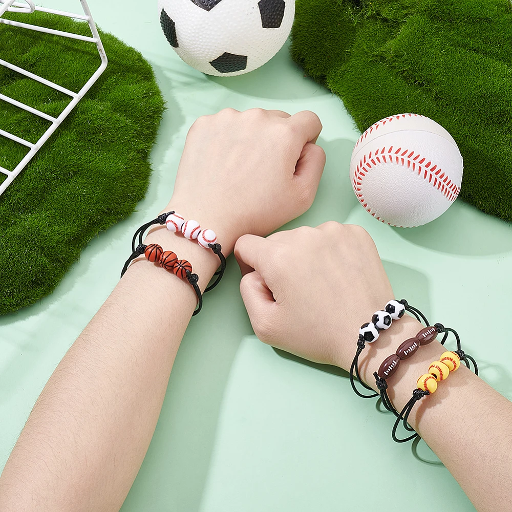 20pcs Sports Party Favors Charm Bracelets 5 Styles Sport Beads Ball Adjustable weave Rope Basketball Tennis Rugby Wristbands view 3