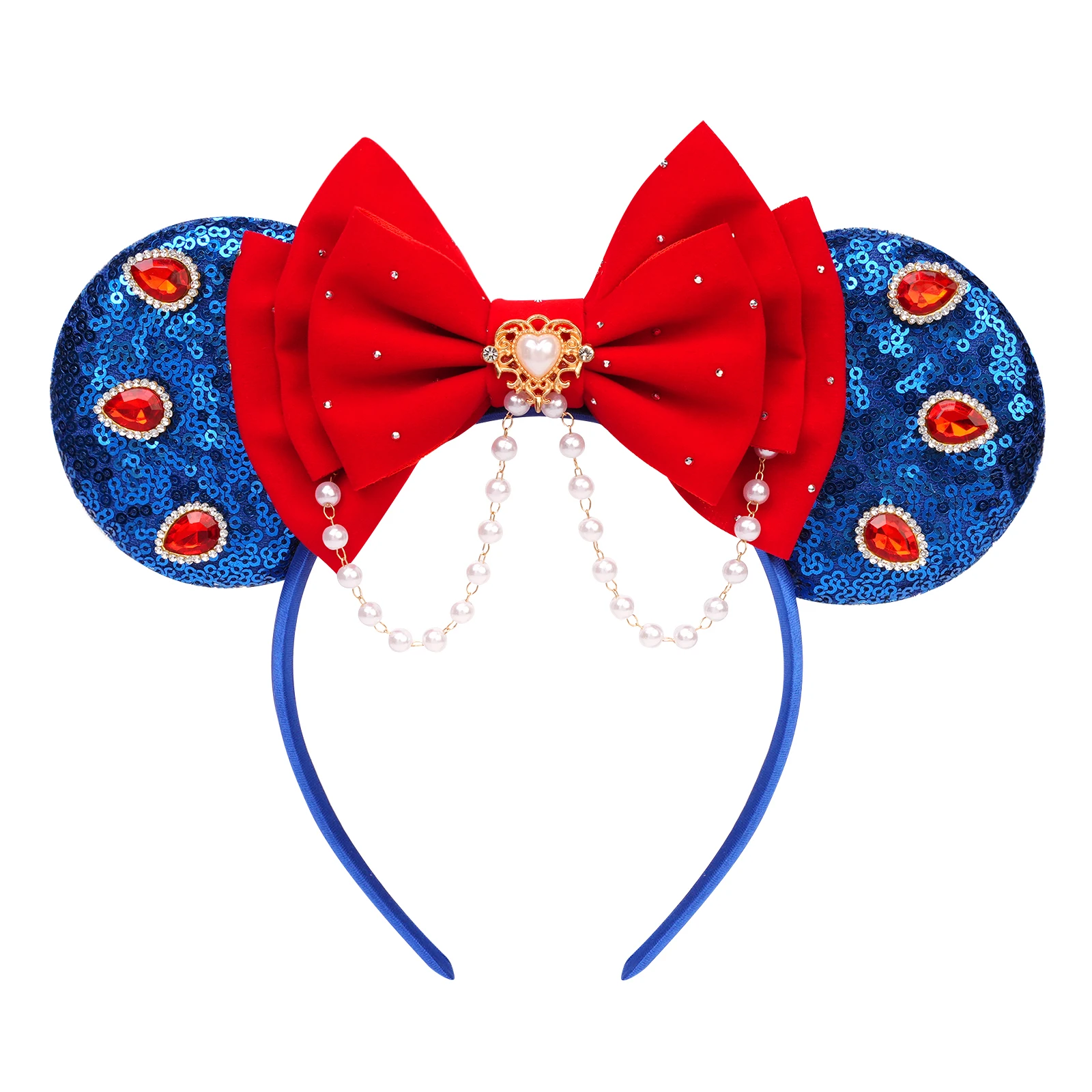 Prinzessin Schneewittchen Ohren Haarreif Rote Schleife Kristall Perlen Haarband Halloween Party Cosplay Kostüm Zubehör für Frauen Mädchen