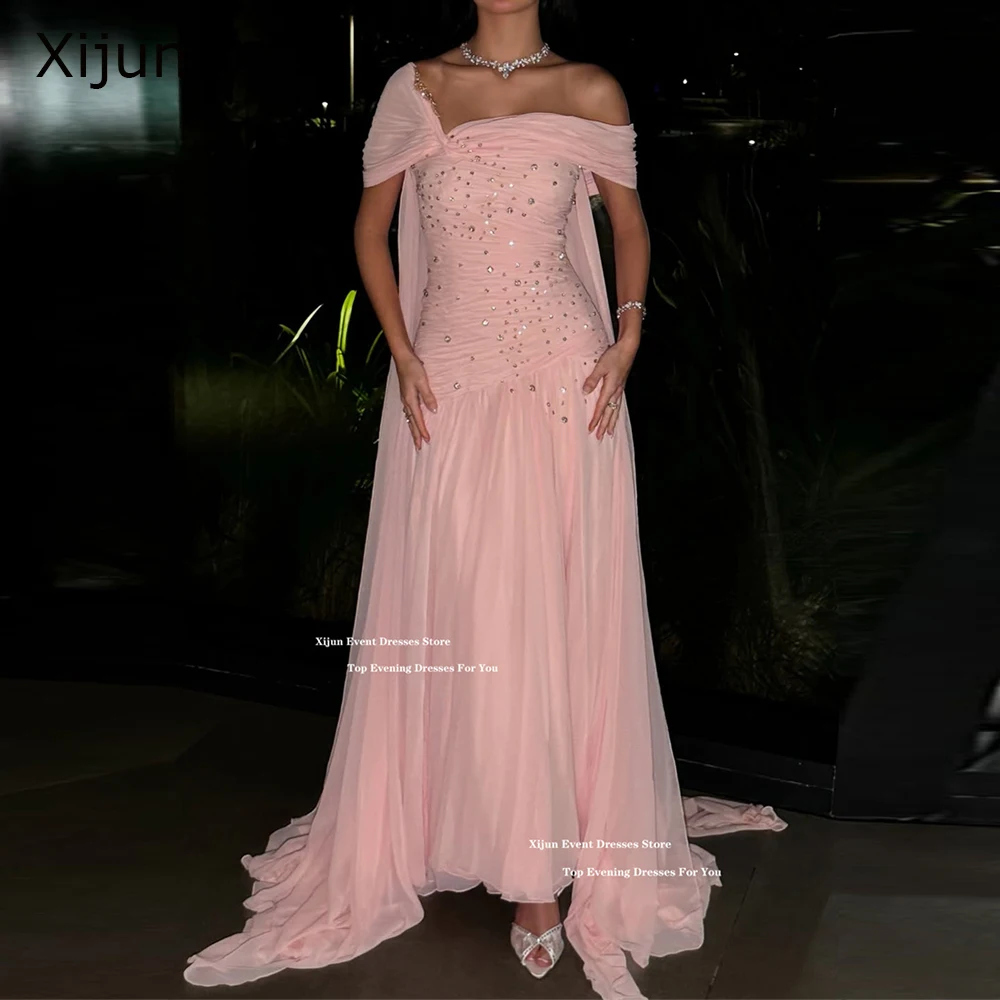 Xijun Blush Pink Chiffon Evening Dresses Beads Off The Shoulder Formal Prom Dresses Pleated A-Line Prom Gowns 2026 Customized