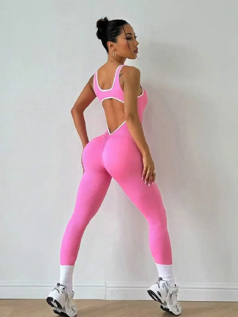 Women's Seamless Ribbed Jumpsuit Sleeveless Tank Top Romper One Piece Yoga Workout Exercise Clothing