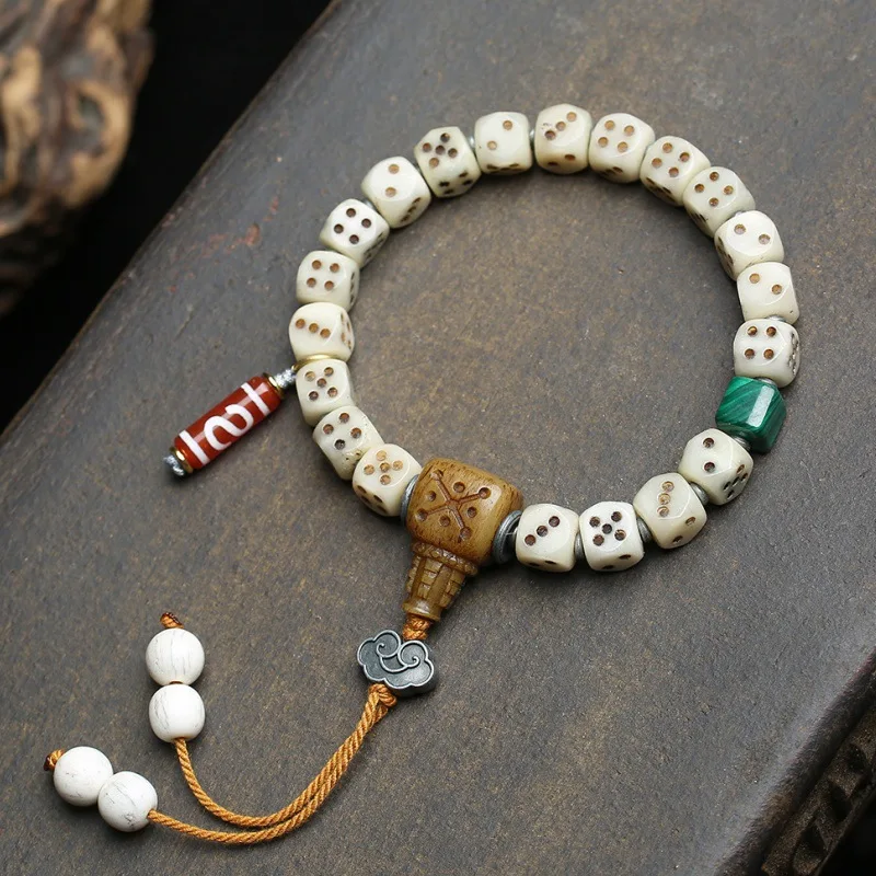 Tibetan Style Camel Bone Dice Beaded Bracelet Handmade Vintage Lucky Blessing Attract Wealth Chinese Style Wrist Jewelry For Men