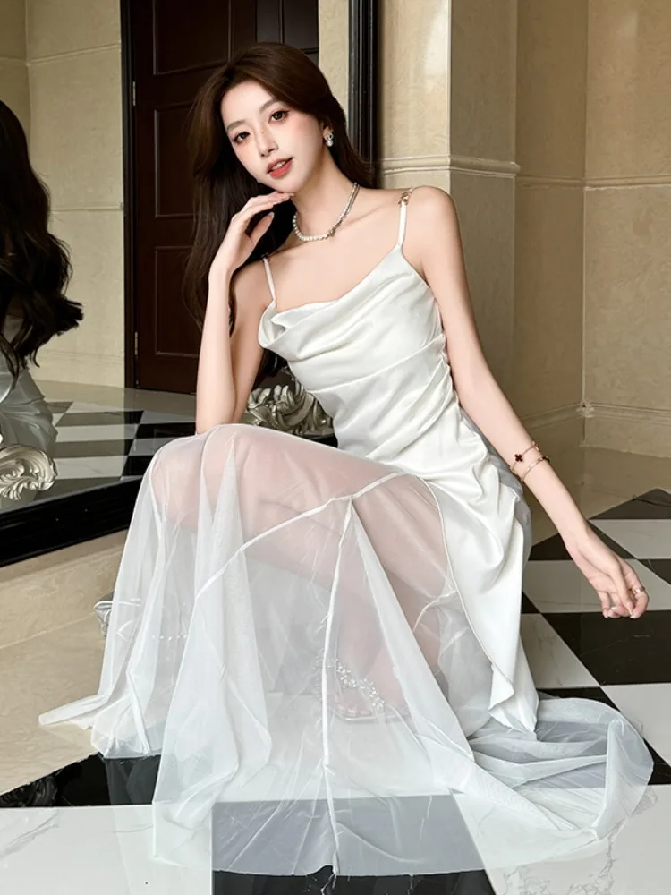 

French Style Mesh Patchwork Spaghetti Strap Dress for Women Summer Elegant Slim Fit Ruched Fairy Dress Irregular Mermaid Long Dr