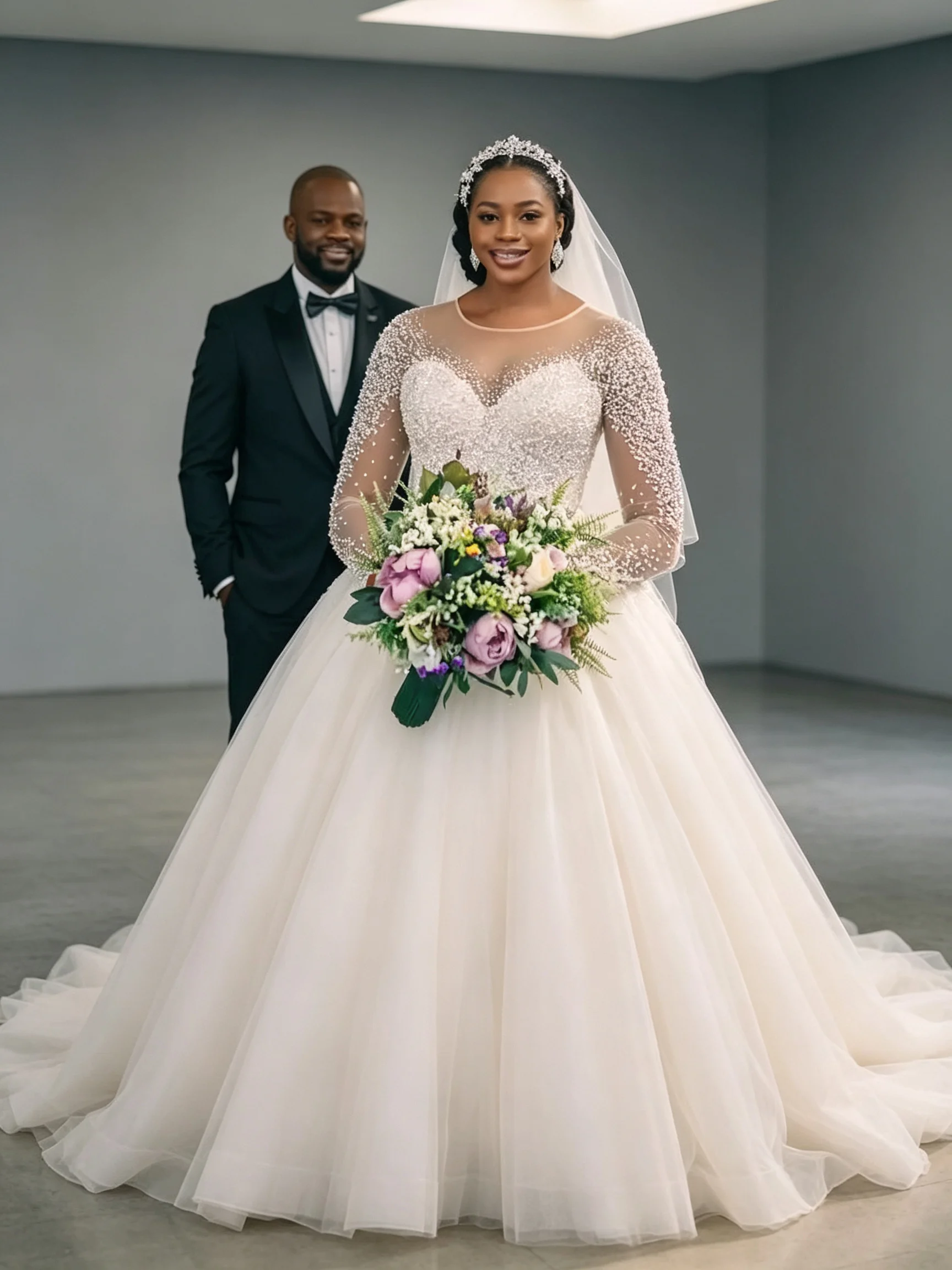 Handmade Ivory African Wedding Dresses Long Sleeves Beading Sequin Beading Scoop Neck Bridal Gown Customized Vestido De Novias