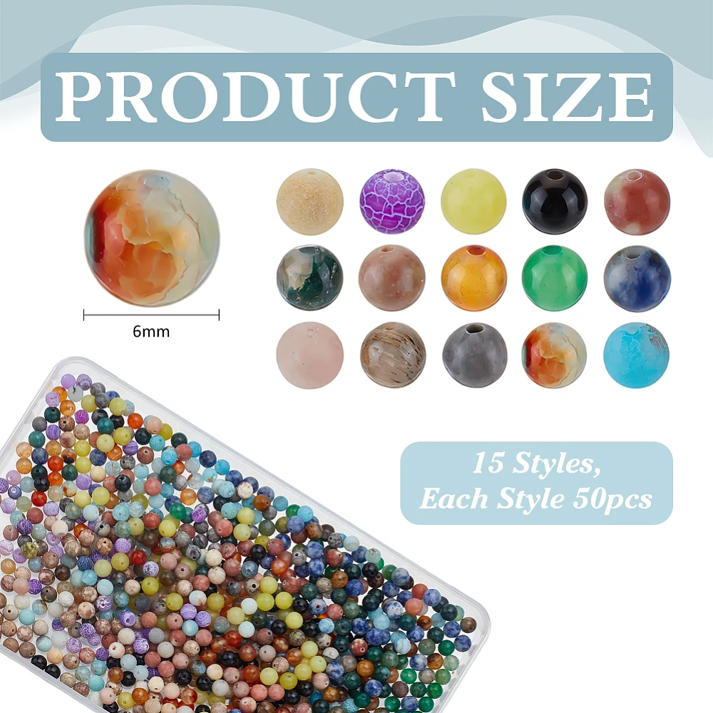 750Pcs Stone Beads 15 Style Round Loose Beads Spacer Bead for Jewelry Making Accessory Supplies Bracelet Necklaces Anklets