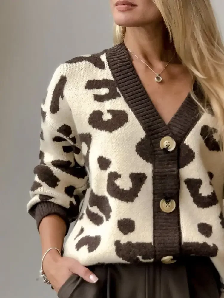 2024 Women Autumn Knitted Leopard Print V-Neck Cardigans Coat Long Sleeve Women Sweater Cardigans Coat