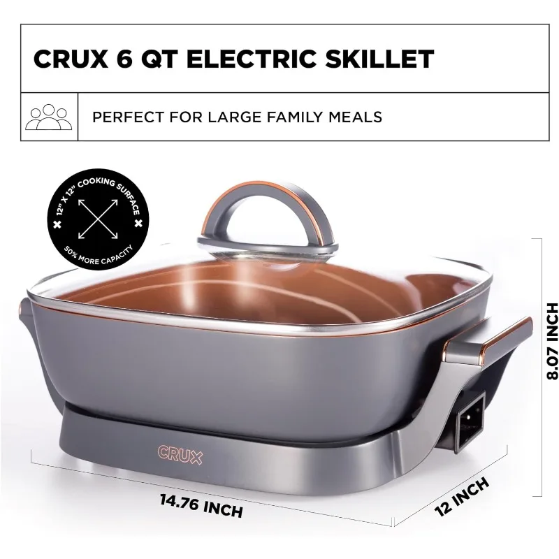 CRUX Electric Skillet with Glass Lid - Nonstick Scratch Resistant Ceramic Pan, Extra Deep