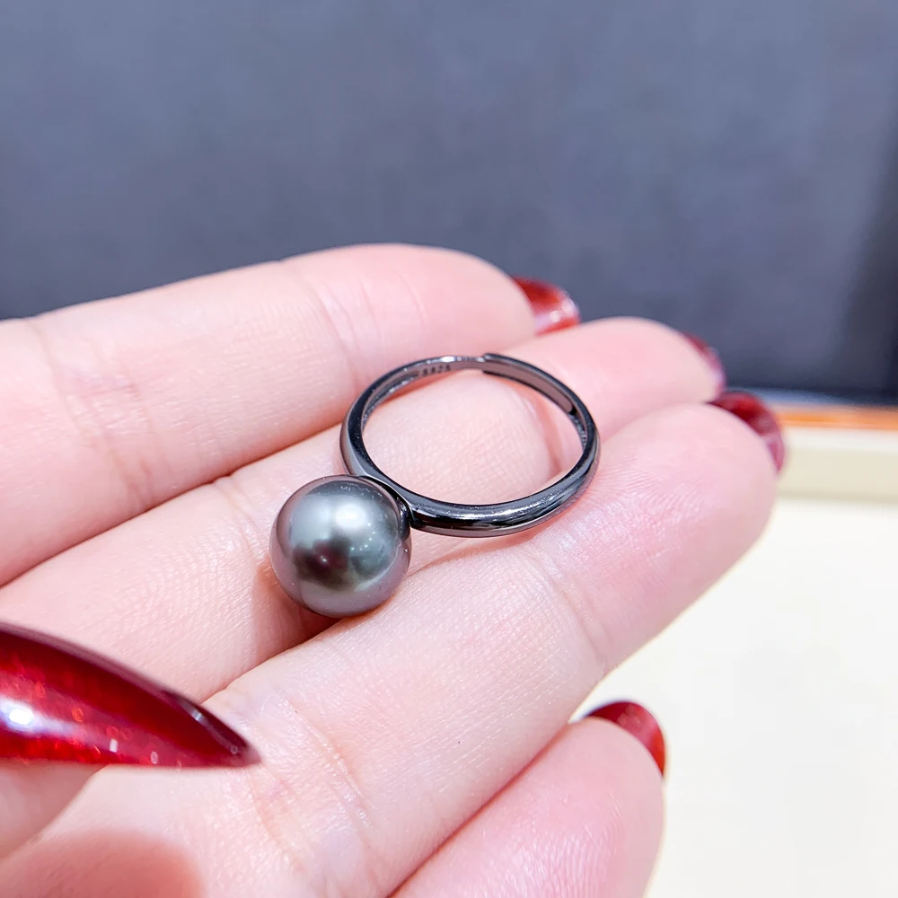 Anillo abierto de perlas negras redondas naturales, anillo ajustable Nanhai, AAAA, 10-11mm, 11-12mm, 925s