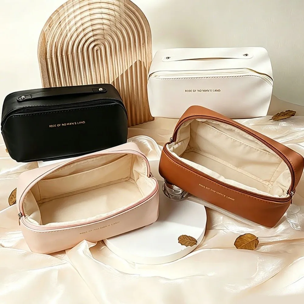 Portble Zipper Toiletry Kit Bag PU Leather Solid Color MakeUp Bag Organizer Bag Outdoor