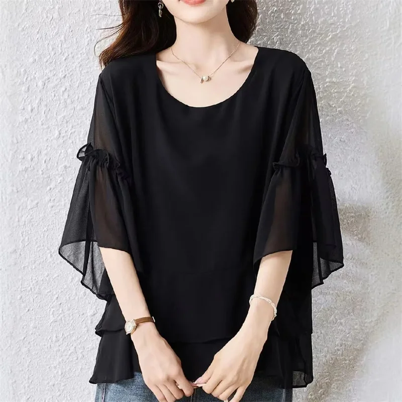 Korean Women Fashion Large Size 6xl Thin Tops Summer Female Chiffon Loose Shirts Lady High-end Round Neck Flared Sleeved T-shirt