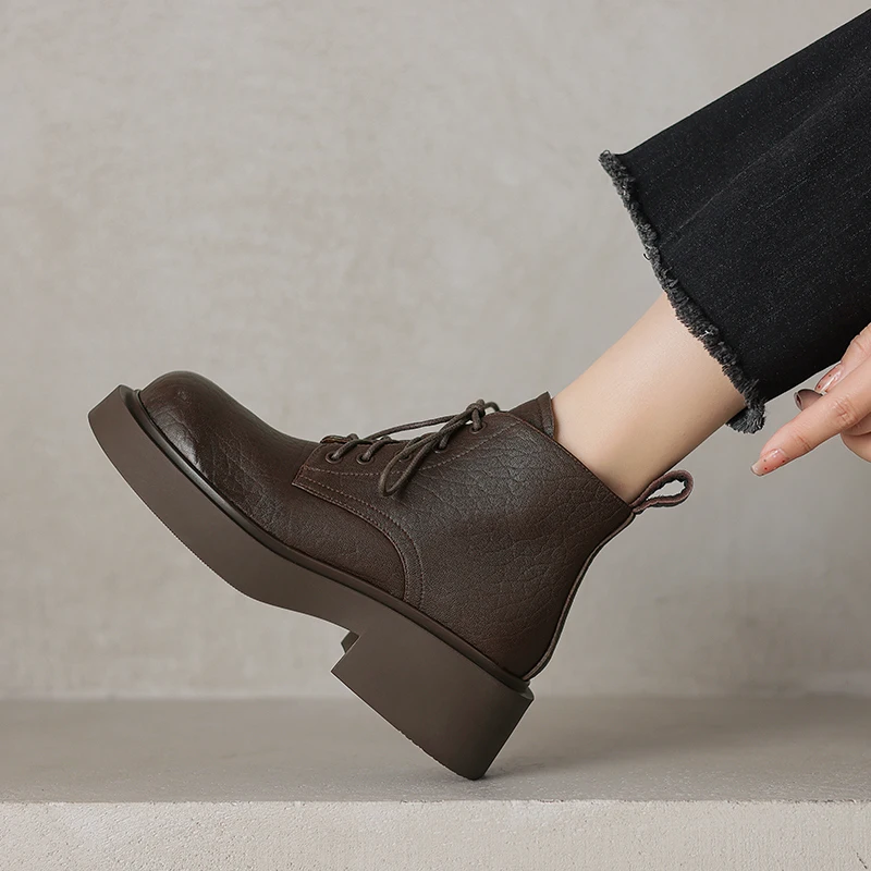 Genuine Leather Women Ankle Boots Lace Up Spring Autumn Sheepskin Woman Shoes Round Toe Mid Heel Winter Black Brown Retro Boots