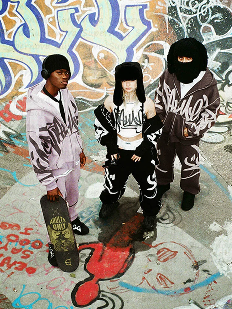 Hip Hop Fashion Lette Print Zipper Hoodies Tracksuit Gothic Punk Darkly Trend Hoodies Pants Suit Streetwear Oversized Sweatshirt