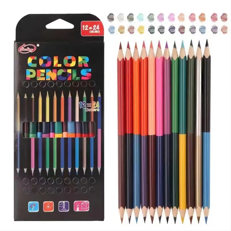  Color Pencil 12 Pcs Art Painting Set Double Heads Water-soluble 24 Colors Pencil Triangle Log Children Sketch Draw Art Supply 
