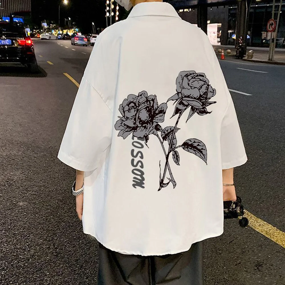 Shirt Summer Retro Rose Print Short Sleeve Shirt American Vintage Streetwear Youth Trend Casual All-Match Men'S Top Clothes 2024