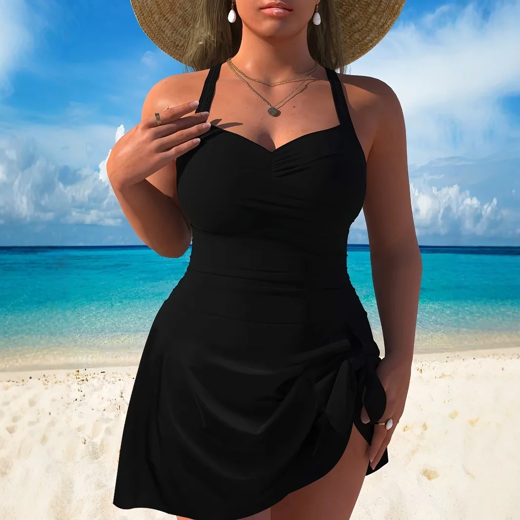 Black Halter Neck Swimsuit Sleeveless Ruched Bust Swimwear Wrap Skirt with Side Knot Floral Print Bathing Suit Mini Length Slim