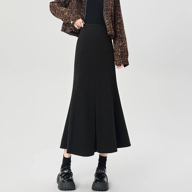 

Женская шерстяная юбка «рыбий хвост» на половину тела, осень-зима, новая утолщенная юбка с высокой талией для похудения, трапециевидной формы с запахом бедра, средней длины