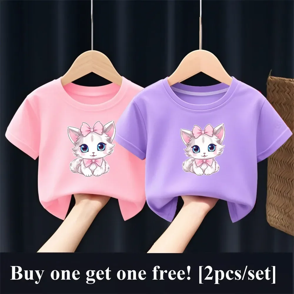 2pcs Girls Fashion Summer T Shirt Cute Pink Cat Print T-Shirt Kids Short Sleeve Sister Matching Outfit Tops