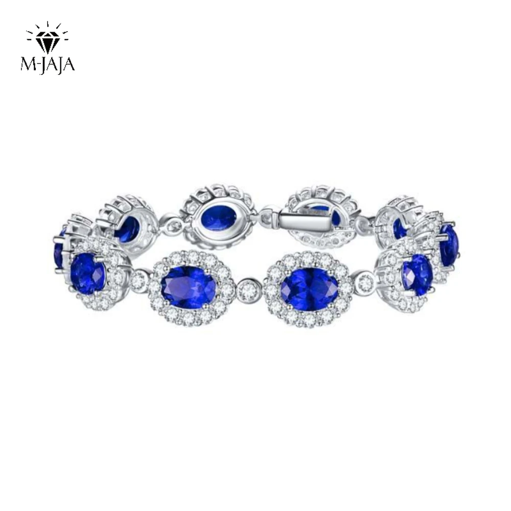 

M-JAJA Lab Sapphire Bracelet for Women 6*8mm Oval Cut Diamond Gemstones Bangle Couple Bracelet S925 Sterling Silver Fine Jewelry