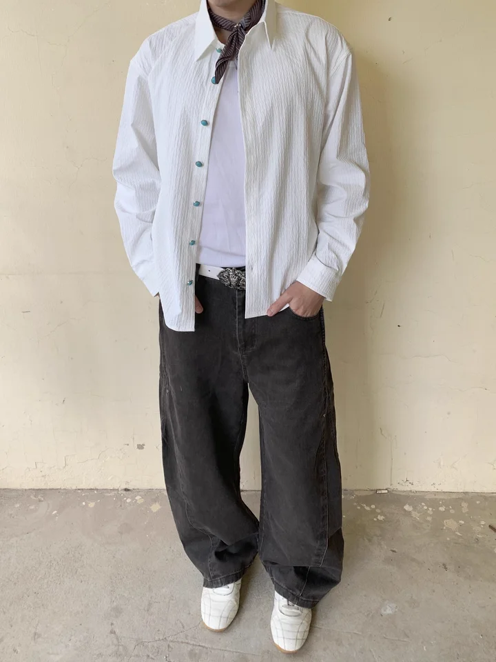 

Ocean Tear Long Sve Casual irt Men Women Autumn Loose Fit Polyester Fiber Folded Texture Loose Breathable Color